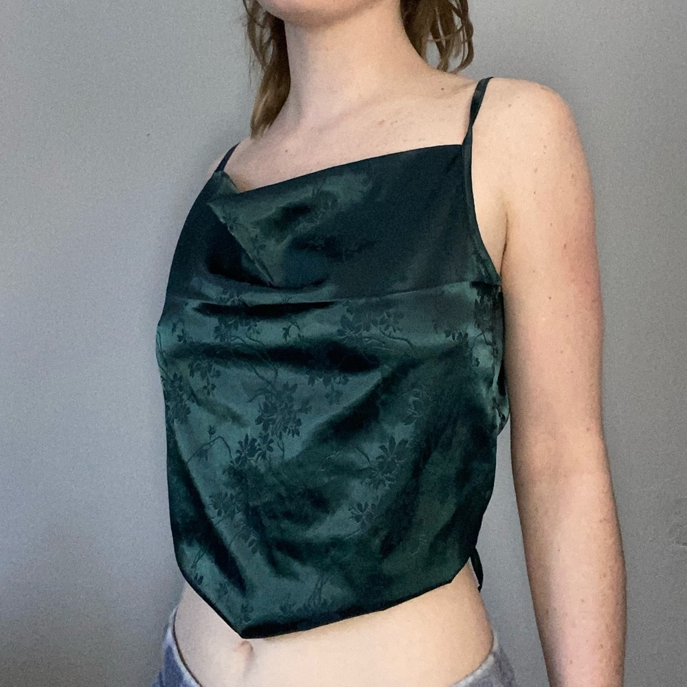 Dark green open back silk drop top